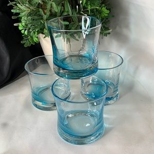 Set of 4 turquoise blue swirl glass double old fashioned rocks glasses.